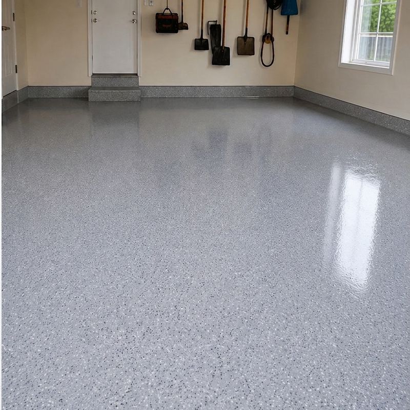 After: residential garage floor with a clean, durable grey epoxy concrete coating