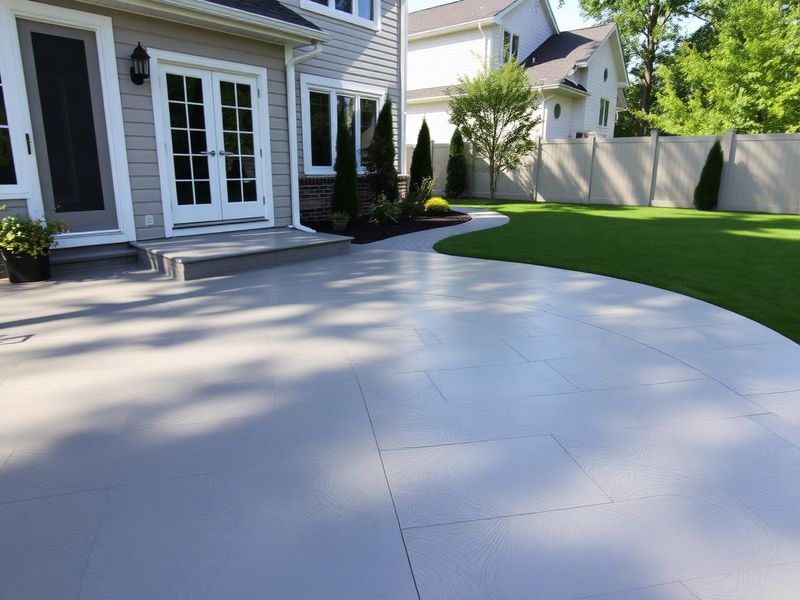 Beautifully finished grey painted concrete patio in a residential backyard
