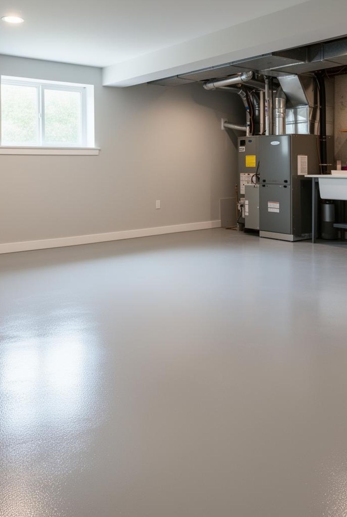 Freshly coated residential basement concrete floor with smooth grey epoxy finish
