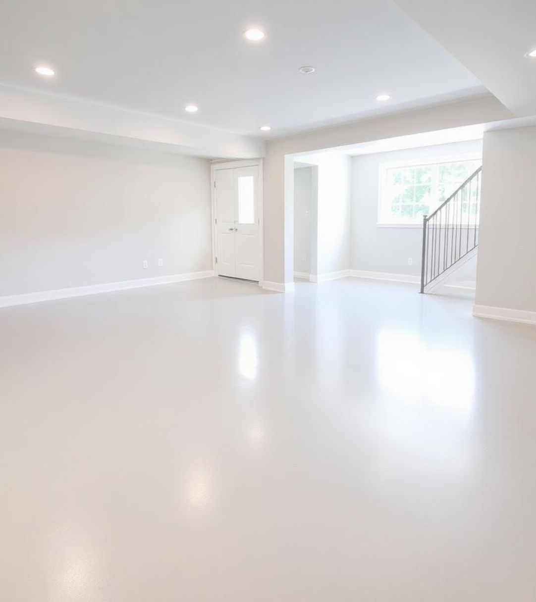 Freshly painted light grey basement concrete floor in a residential home