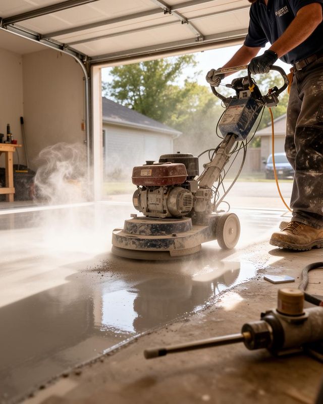 Professional painter cleaning and prepping a residential concrete garage floor before coating