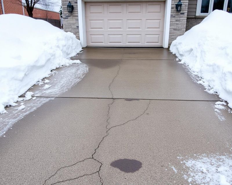 Cracked residential driveway with road salt residue and snowbanks in winter