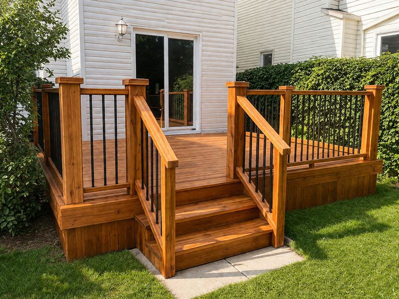 Newly stained wooden deck with railings and stairs
