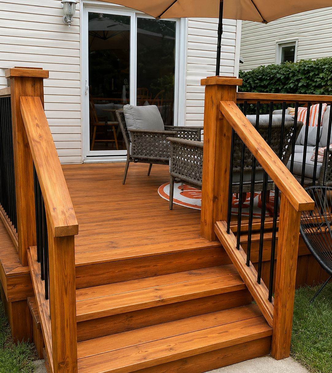 Stained wooden deck with warm honey brown finish