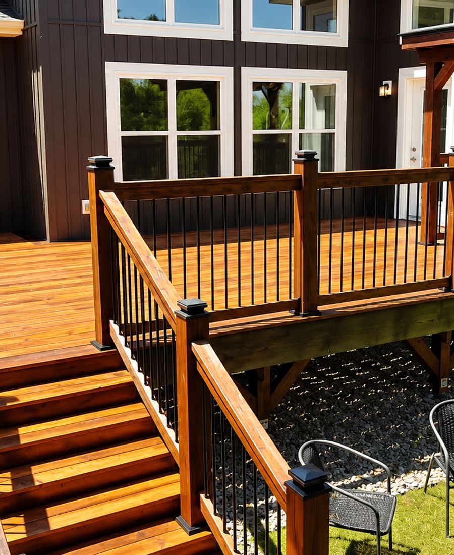 Freshly re-stained multi-level cedar deck with dark wood railings, black metal spindles, and stairs leading down to a stone landscape behind a dark-sided home in Kemptville