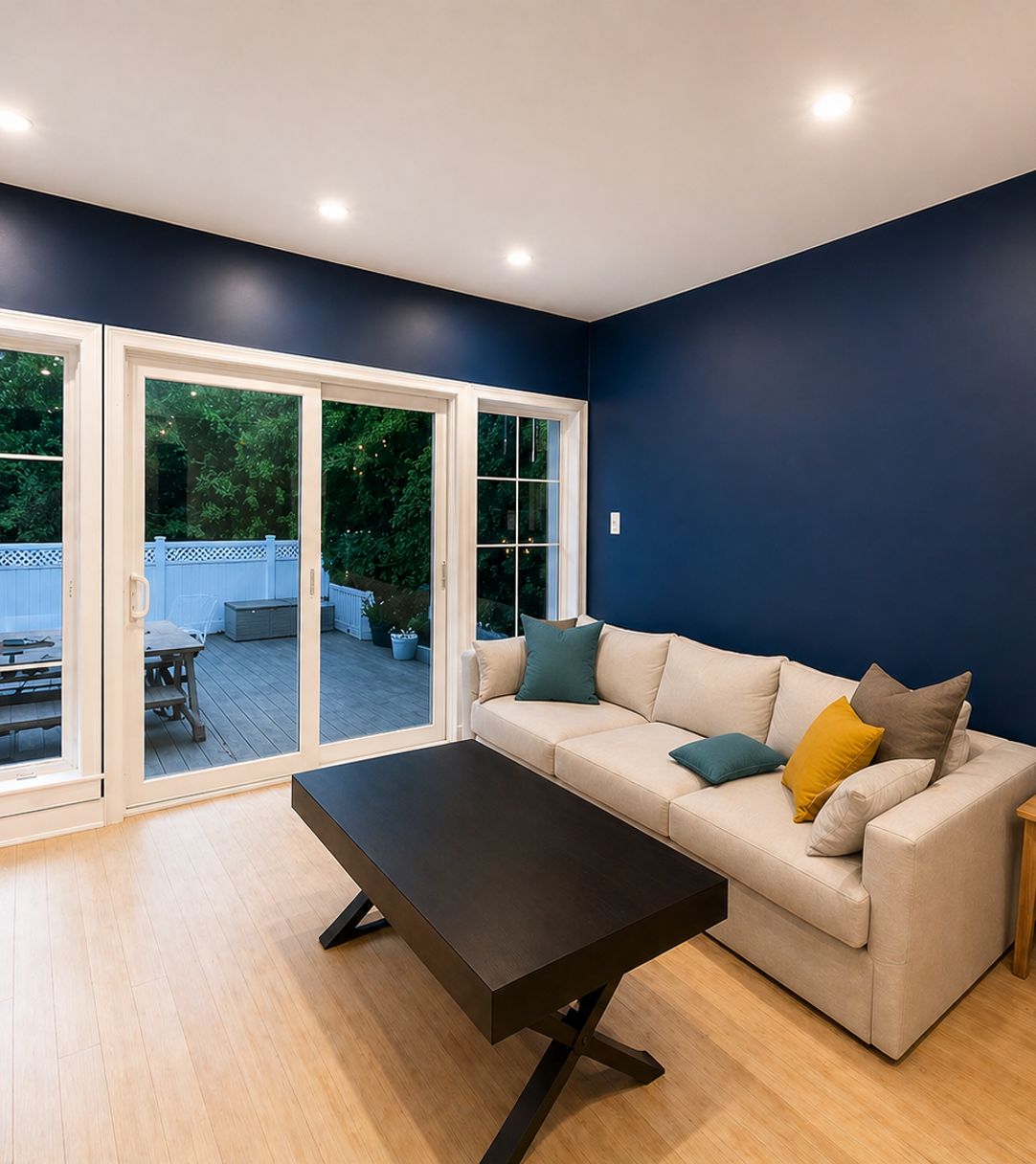 Freshly painted Ottawa home family room with deep navy walls and white trim
