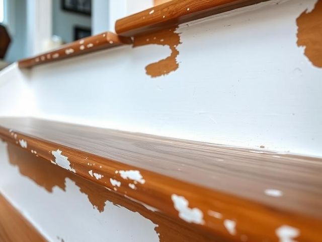 Peeling paint on staircase showing failure