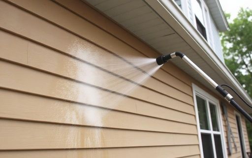 Exterior siding being soft washed to remove dirt and mildew